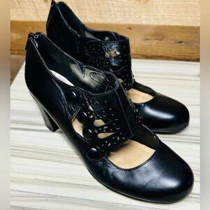 Luca Ferri Mary Jane pump caged butterfly black buttons zipper back  US7 chunky